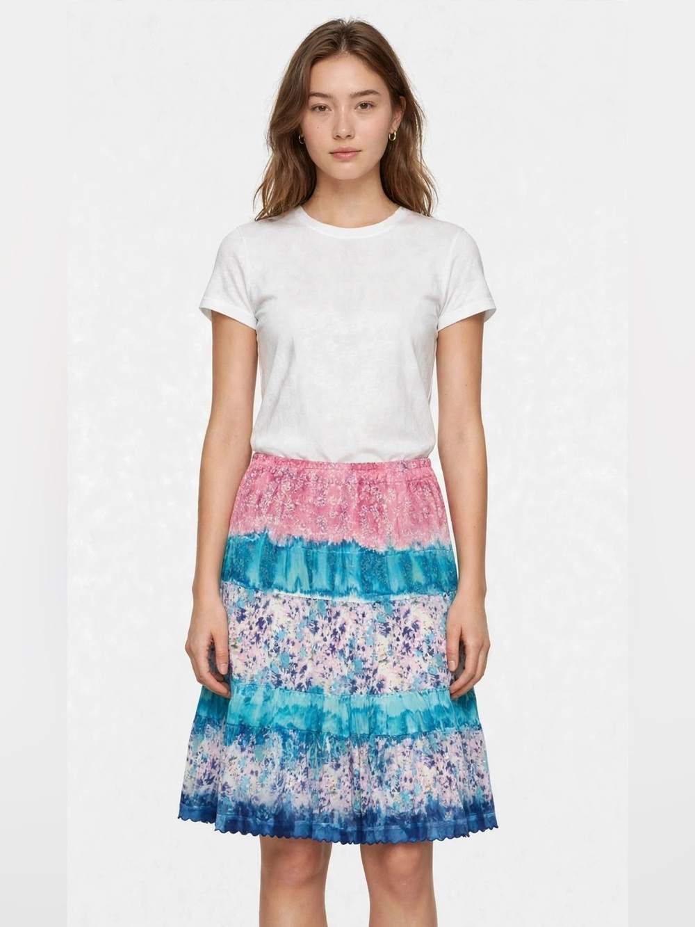 Tiered Floral and Tie-Dye Skirt in Pink & Blue